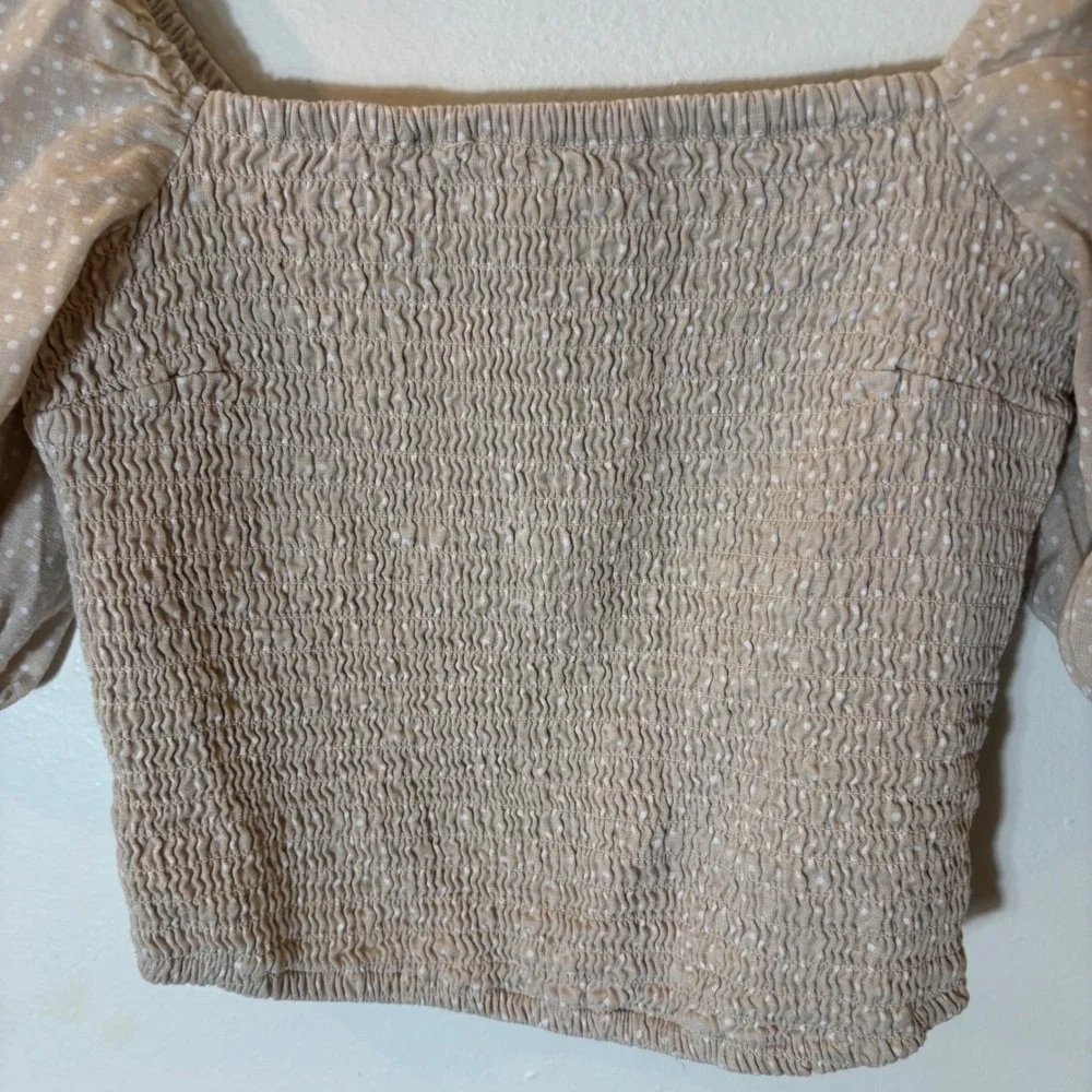 Abercrombie & Fitch Smocked Puff Sleeve Top Size XS Tan Polka Dot‎